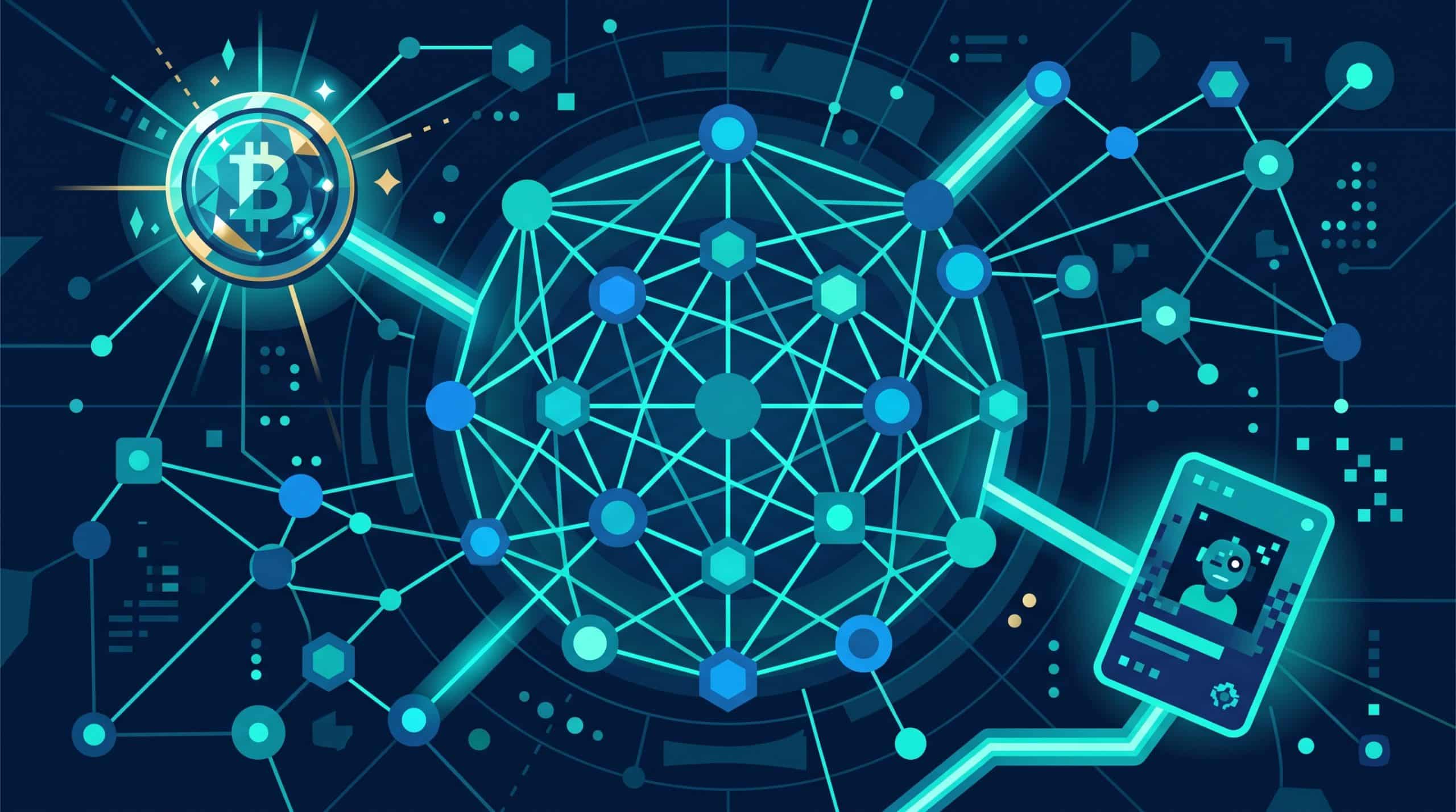 Lynaro Crypto – Investissement et Technologie Blockchain 1 Illustration abstraite d'un réseau de nœuds blockchain relié à un jeton de cryptomonnaie et à une carte symbolisant un pass NFT communautaire.